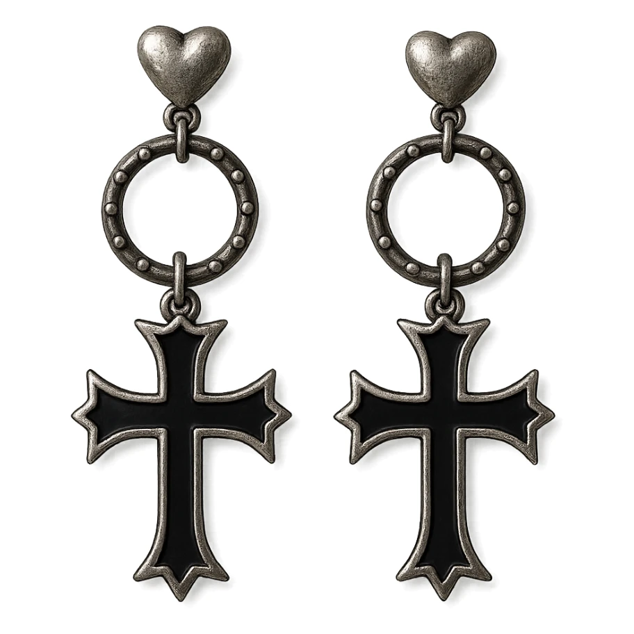 goth earrings, cross design, silver and black, punk gothic aesthetic sticker