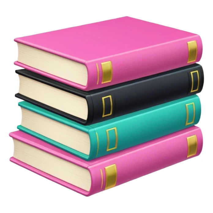 a satck of books: two pink, one green, one yellow, two blues, one black sticker