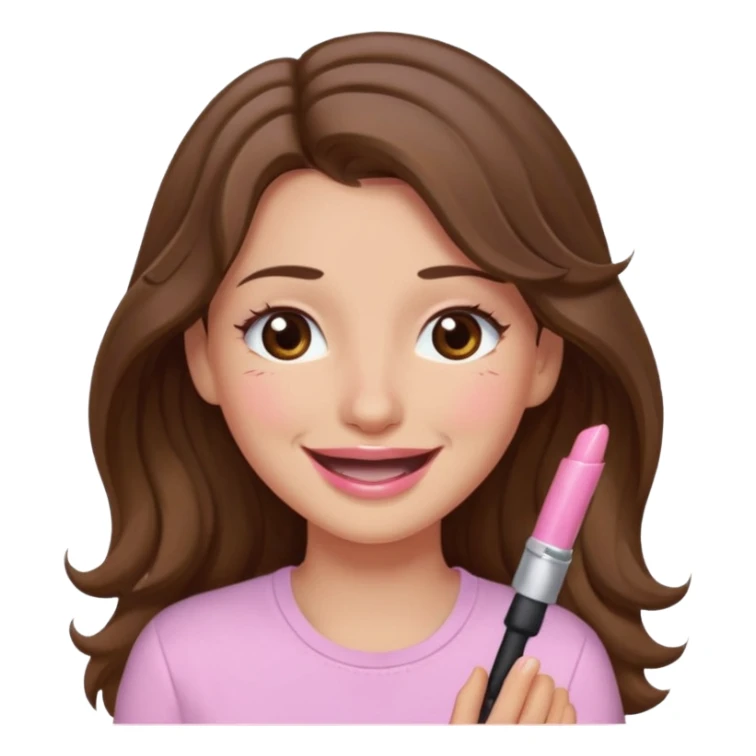 girl with wavy long brown hair, brown eyes, light to medium complexion, long lashes, light pink lipstick, wearing light pink shirt, smiling, crying, laughing, tears sticker