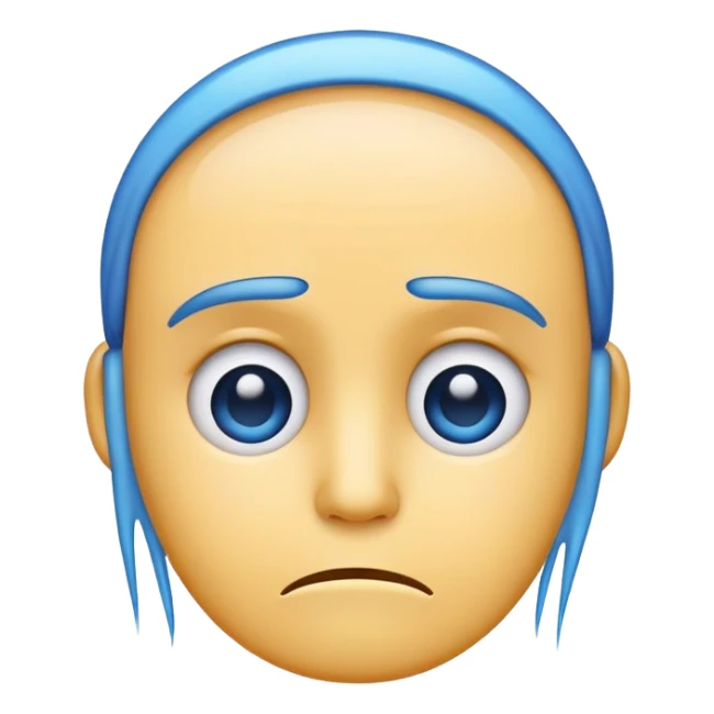 Create a minimalistic emoji of a sad face with a blue outline. The face should be transparent, except for the blue outline. Draw three hairs on the emoji's head. sticker