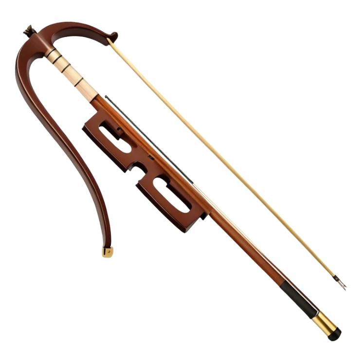  "Create a detailed and elegant emoji representing the Hans Klein HKCB cello bow. The design should feature the bow’s sleek, polished wooden stick with delicate, smooth curves, and fine detailing on the frog and winding. The bow hair should be visible, taut and neatly arranged. Add subtle metallic accents around the frog to emphasize the quality craftsmanship. Use rich brown and gold tones for the bow, with slight highlights on the silver and ebony components. The background should be transparent. sticker