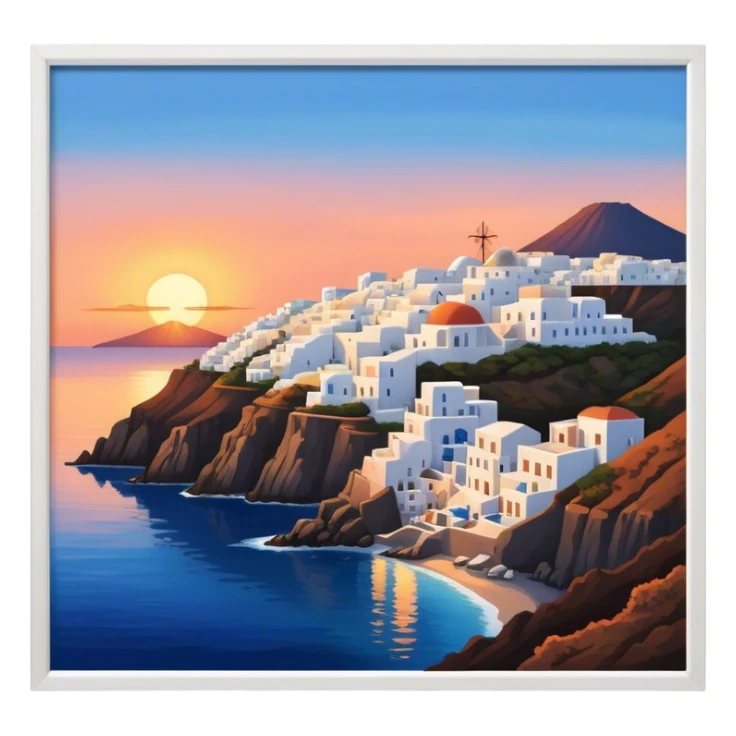 Cinematic Realistic Santorini Caldera Landmark Emoji, featuring white-washed buildings perched on volcanic cliffs, overlooking the deep blue Aegean Sea, with warm sunset hues illuminating the sky and reflecting off the water. sticker