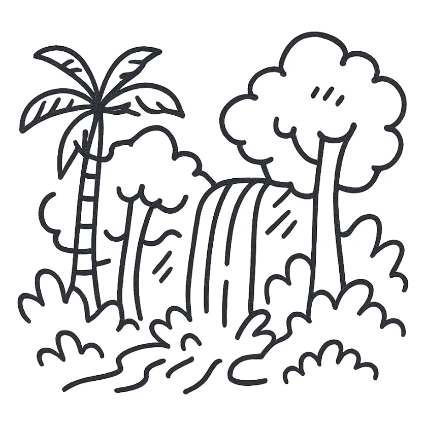 El Yunque rain forest showing trees and a waterfall as a hand-drawn black outline icon sticker