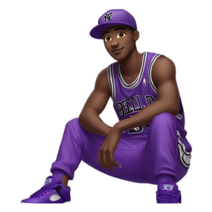 Young, dark-skinned guy in violet attire, wearing a violet NY cap and rocking violet Jordan 4s. 🟣🧢👟 sticker