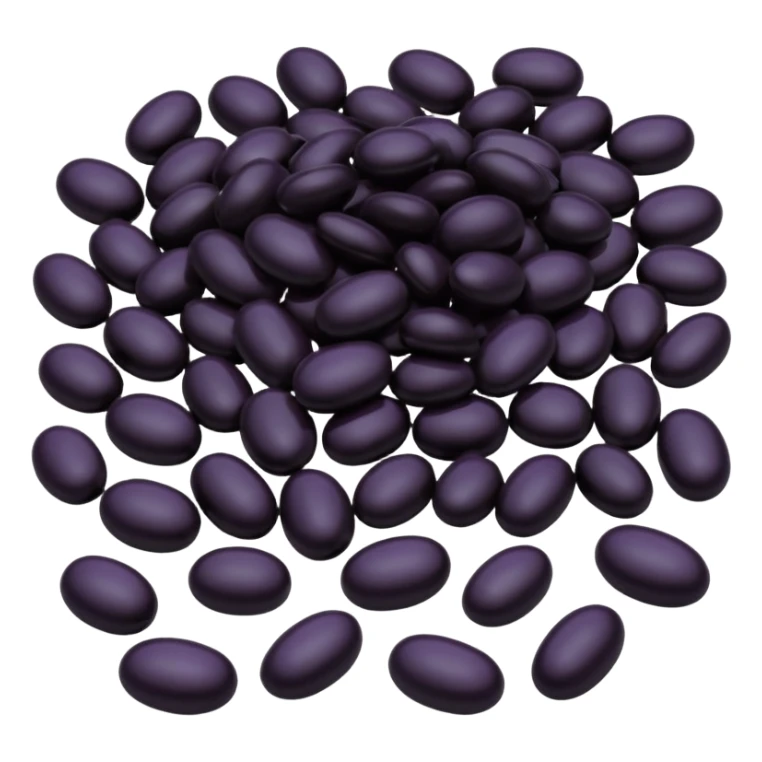realistic black beans, scatter or mound, shiny oval, smooth, deep black to dark purple, slightly curved, natural sheen, subtle texture, no plate, dish, packaging, or faces, clean 3D, soft lighting, transparent background, emoji scale sticker