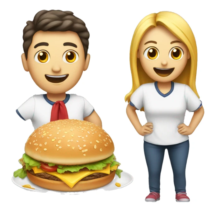 An emoji representing a food competition with three participants: a large person, a medium-sized person, and a small person, all competing in a fun and lively eating contest sticker