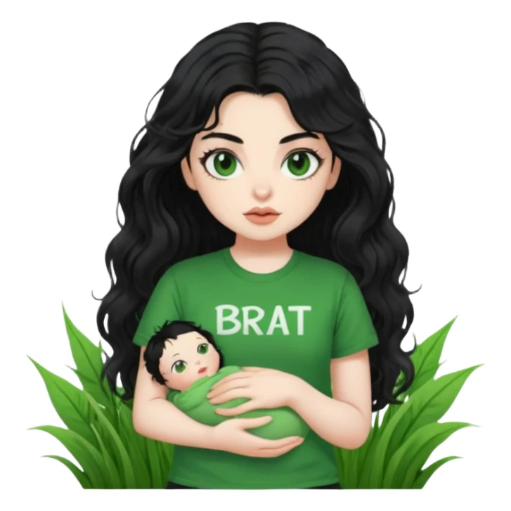 current charli xcx with here long black wavy hair, thich black sungrasses, pale skin, and a green baby tee that said brat in the brat font. sticker