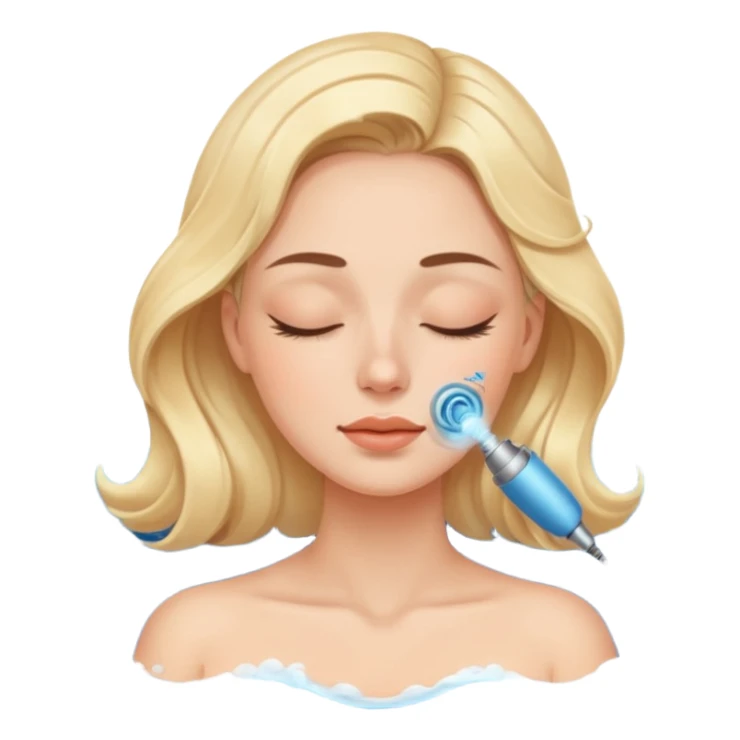 Emoji of a woman with eyes closed, getting an ultrasonic cavitation treatment on her cheek, blue waves showing vibration sticker