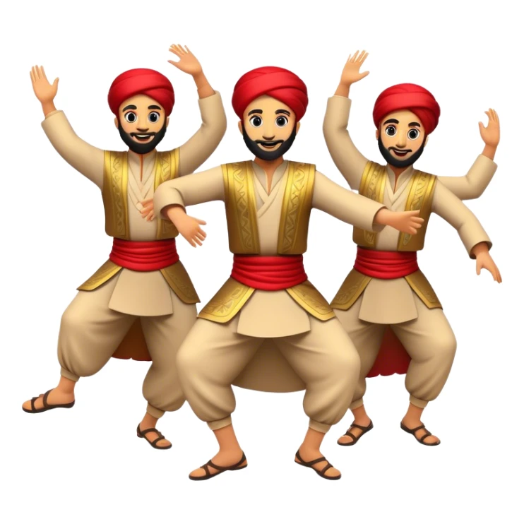 Cinematic Realistic Dabke Dance Emoji, depicted as an energetic traditional Lebanese folk dance with vibrant costumes and rhythmic movements, rendered with dynamic textures and festive natural lighting that captures its communal joy. sticker