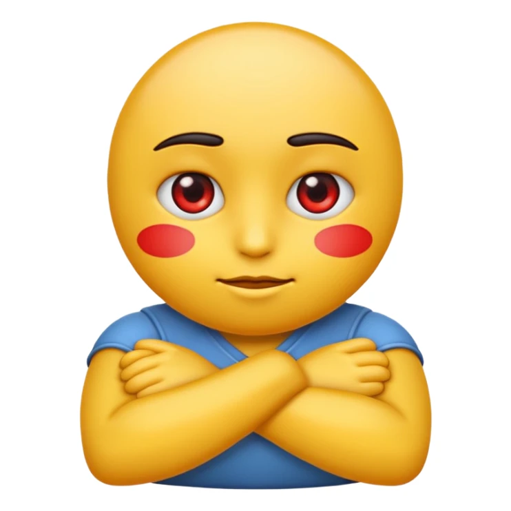 crate a yello emoji crossing its arms with red eyes looking to the side and stright lips sticker