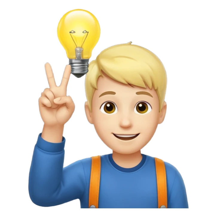 A boy with smily face with victory sign and bulb is glowing above face sticker