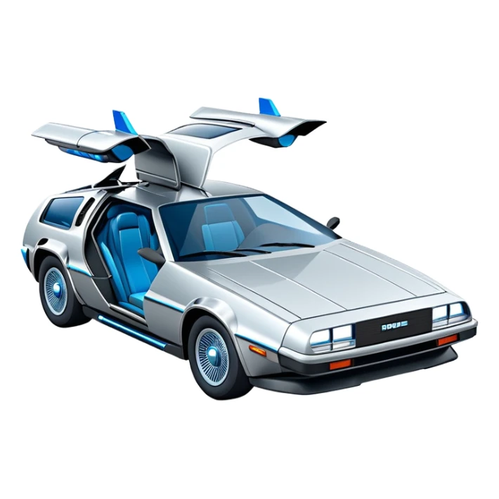 Retro-futuristic hover car inspired by the DeLorean, gullwing doors, silver metallic body with blue-tinted windows, stylized jet boosters in the back, flat vector style, outlined shapes, minimal design sticker
