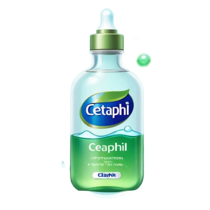 Cetaphil white bottle with light green flip cap and blue-green label, glowing softly. Surrounded by tiny light orbs and silky sparkles flowing like hydration waves. Feels like a gentle skin shield potion in a glossy, minimalist flask. sticker