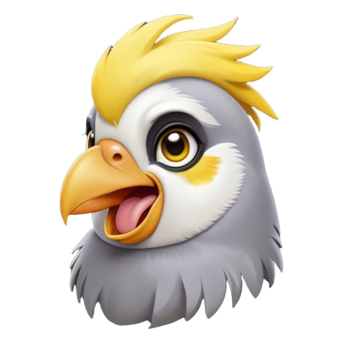 Cinematic Comical Cockatiel Portrait Emoji, Head tilted dramatically with an exaggeratedly amused expression, featuring a striking grey fur with bold yellow accents and a flamboyant crest, wide, expressive dark eyes filled with playful disbelief, Simplified yet hilariously expressive features, highly detailed, glowing with a slightly sassy glow, high shine, dramatic yet playful, stylized with an air of cheeky mischief, bright and endearing, soft glowing outline, capturing the essence of a spirited and over-the-top cockatiel, so meme-worthy it feels like it could side-eye its way into internet fame instantly! sticker
