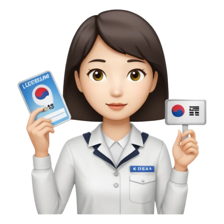 A Korean short-haired female tour guide is wearing a white shirt, holding her Korean tour guide license in her left hand, which is a horizontal card. sticker