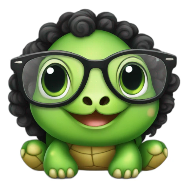 Cute Turtle with glasses and long black curly hair sticker