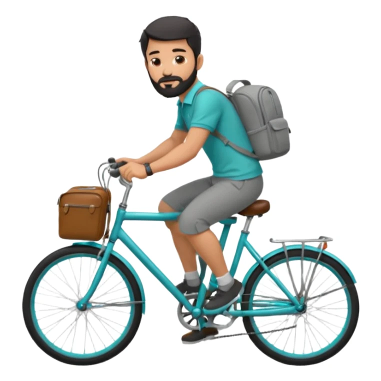 a man with a grey backpack and a torquoise byciycl and he has black shot=rt man hair and a beard with a polo grey shirt and dress pants and hes riding it sticker