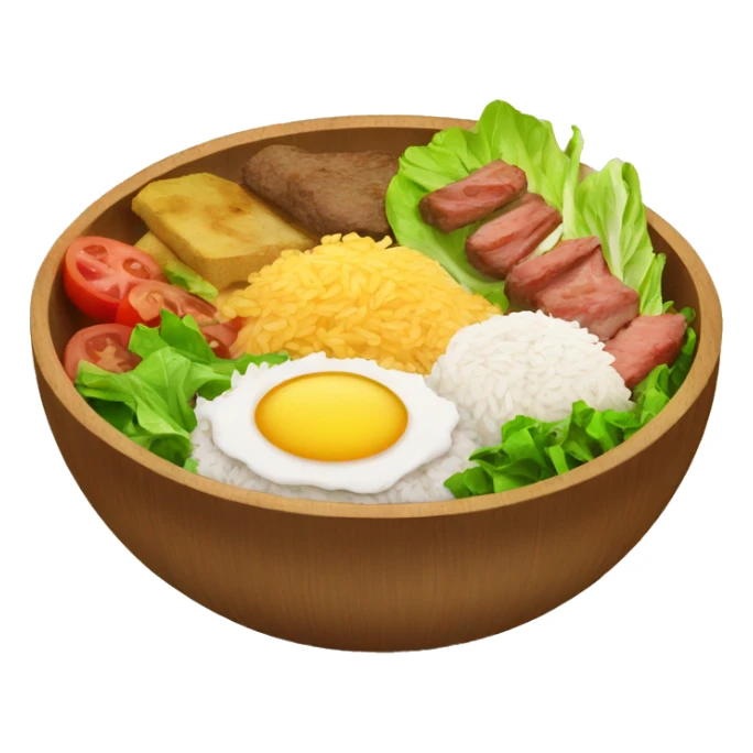 a wood bowl with rice in the middle, kebab, and salad sticker