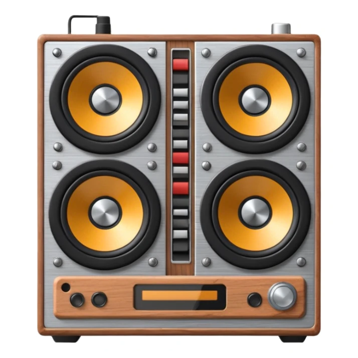 3D render of Speaker Stack, vintage 1980s audio equipment aesthetic, tactile analog buttons, silver metallic face with two large brown magnetic tape wheels, mixed wood grain and brushed aluminum textures, Apple emoji style, isolated on white background --v 6.0 sticker
