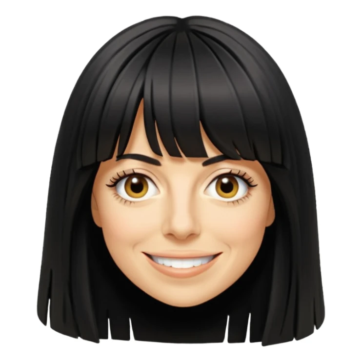 Claudia Winkleman with a very thick long fringe sticker