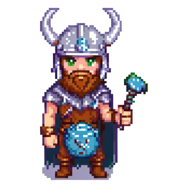 viking gamer, pixel art style, horned helmet, holding a joystick, retro vibe sticker