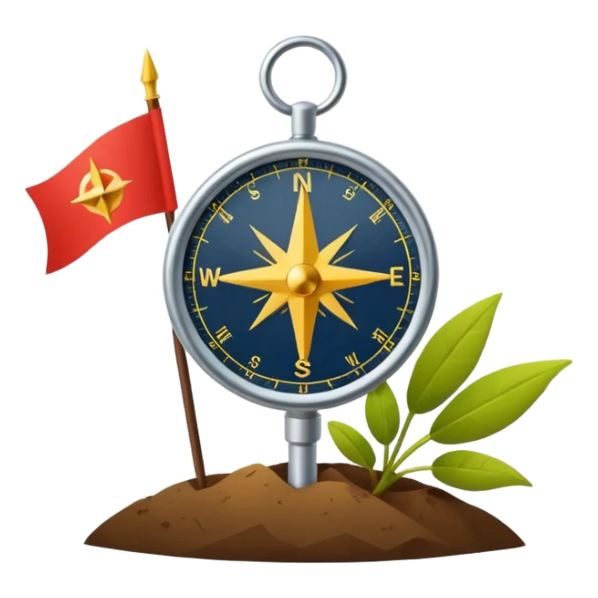 A minimal emoji of a compass pointing toward a planted flag. Flat design, confident colors, modern emoji style. Represents choosing direction and seeing it through to completion. Avoid corporate or motivational poster aesthetics. sticker