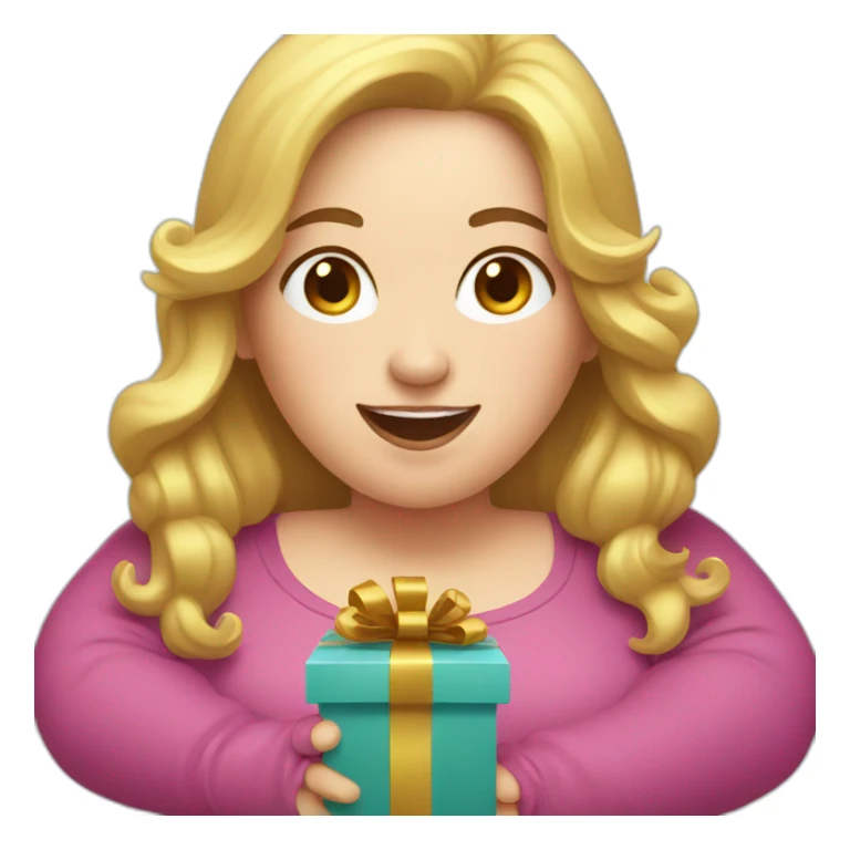 overweight white woman opening a gift sticker