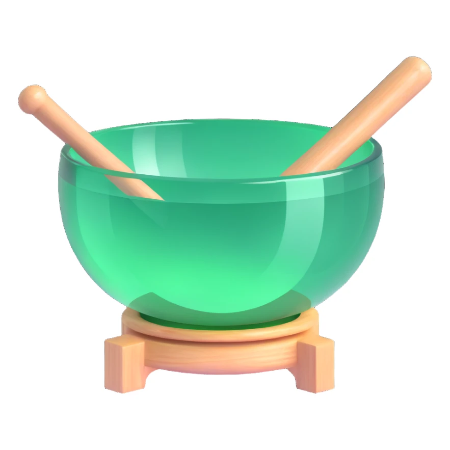 green crystal singing bowl with a mallet resting inside, sparkling and translucent, minimalistic style sticker