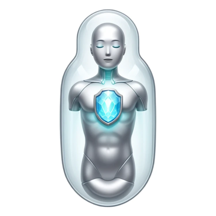 Silver semi-transparent capsule floating next to an ethereal glowing immune system figure, with a small shining shield over a luminous thyroid gland sticker