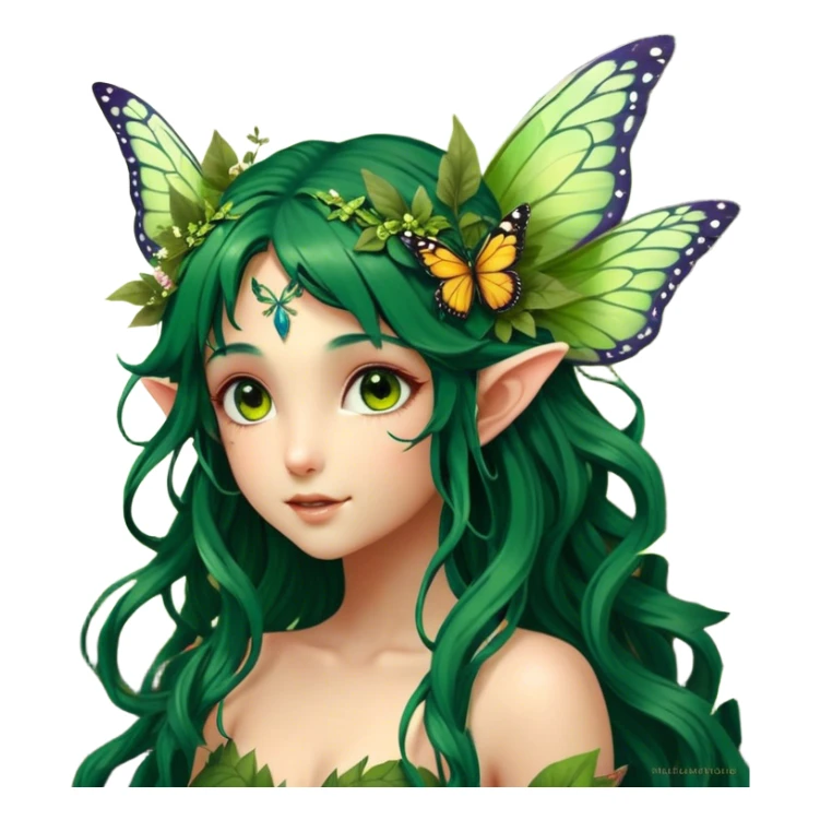 Cinematic Realistic Forest Nymph Fairy Portrait, head tilted playfully and inquisitively, showcasing a nature-inspired form with intricately detailed, sunlit tanned skin and cascading dark green hair interlaced with leaves and blossoms showing her large butterfly wings from her back. Her bright, curious eyes sparkle with forest mischief, rendered with lifelike clarity and warm, dappled lighting that captures the spirit of an enchanting woodland fairy ready to dance among the trees. sticker