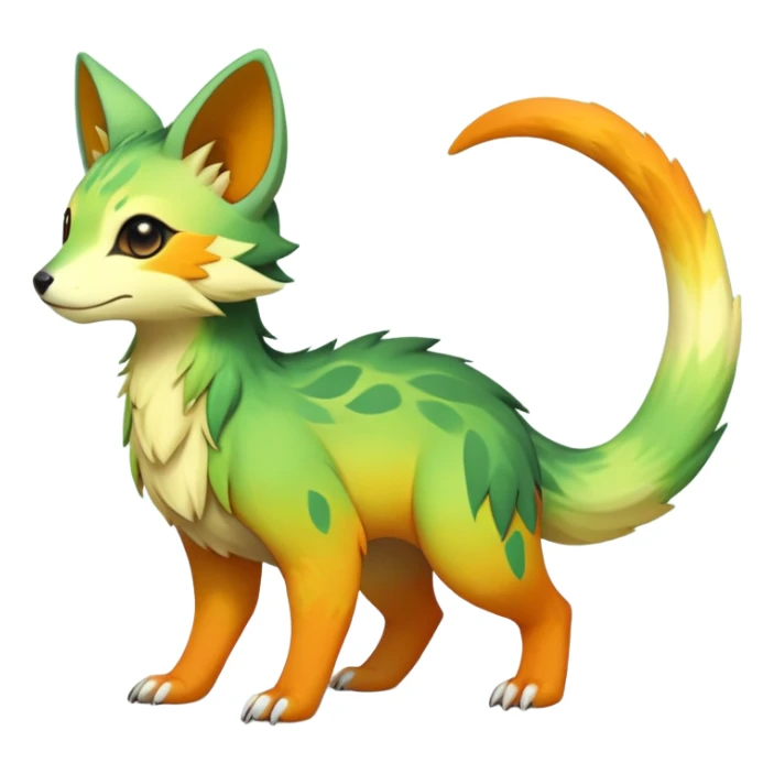 Rare realistic exotic warm-green warm-orange warm-yellows pastel gradients cute epic pretty beautiful handsome gorgeous aesthetic colorful vibrant Vernid-Trico-species-Fakemon-creature by LiLaiRa, 4 legs, 1 tail, random markings, (full body) sticker