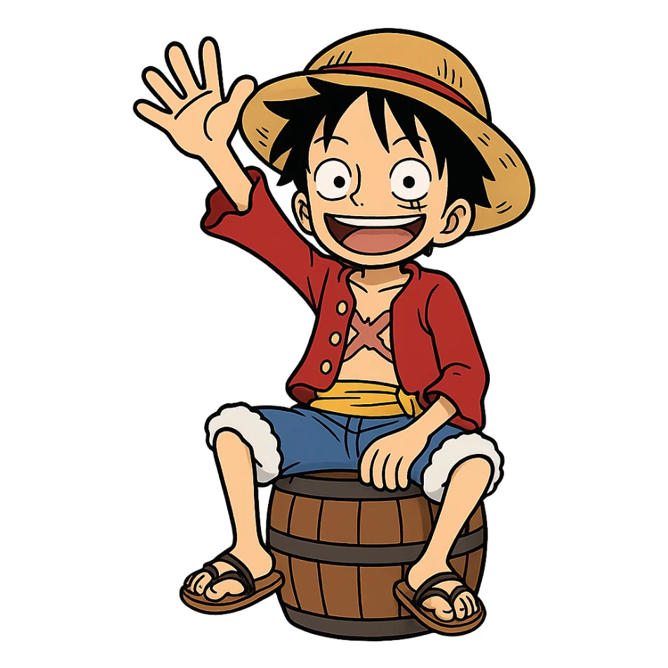 Luffy sitting on a barrel, waving his hand, clear straw hat, cartoon style sticker