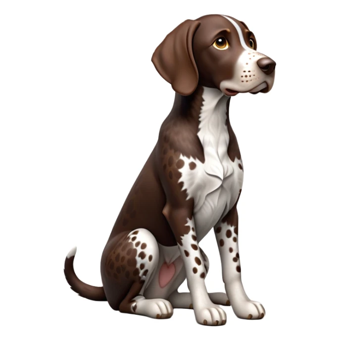 cinematic-[german pointer]-realistic-full-body-sitting-emoji,-tail-resting-loosely-beside-its-paws,-head-tilted-dramatically,-sleek-[brown and white spotted]-fur,-simplified-yet-realistic-focused-features,-highly-detailed,-glowing-with-an-almost-sarcastic-glow sticker