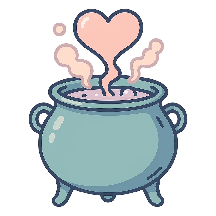 A detailed and volumetric witch's cauldron brewing a potion, with steam transforming into a heart shape. The cauldron has intricate details including handles, legs, and texture, rendered with thin, clean outlines and soft rounded shapes. Use a pastel color palette with #98B5BC, #B5B3C1, #C9A3C9, #E4C0CA, #F7DCD1, #F7C0AA. Style inspired by modern Japanese pop art and sticker aesthetics, featuring soft lighting and a transparent background. sticker