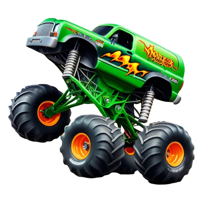 Grave Digger - Monster Jam (Model Year: 2022) (Iconic colour: Green with flames) - A legendary monster truck with a fearsome design: predominantly deep green with dynamic, vibrant flame graphics in bright orange and yellow. Highlight its rough, edgy bodywork and an aura of untamed rebellion. sticker