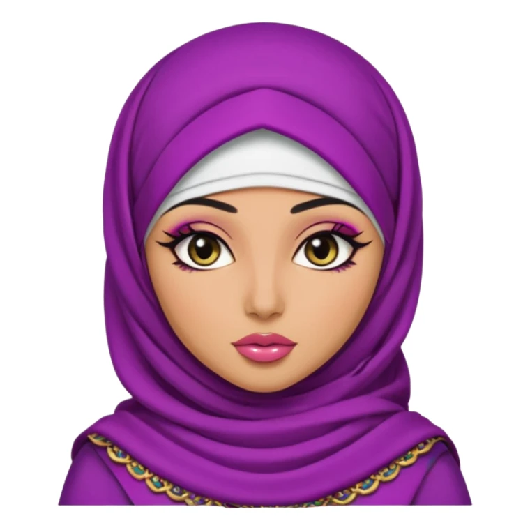 arabian, pretty lips, arab clothes, medium skin, pretty bratz baddie, black eyeliner, loose hijab, colorful sticker