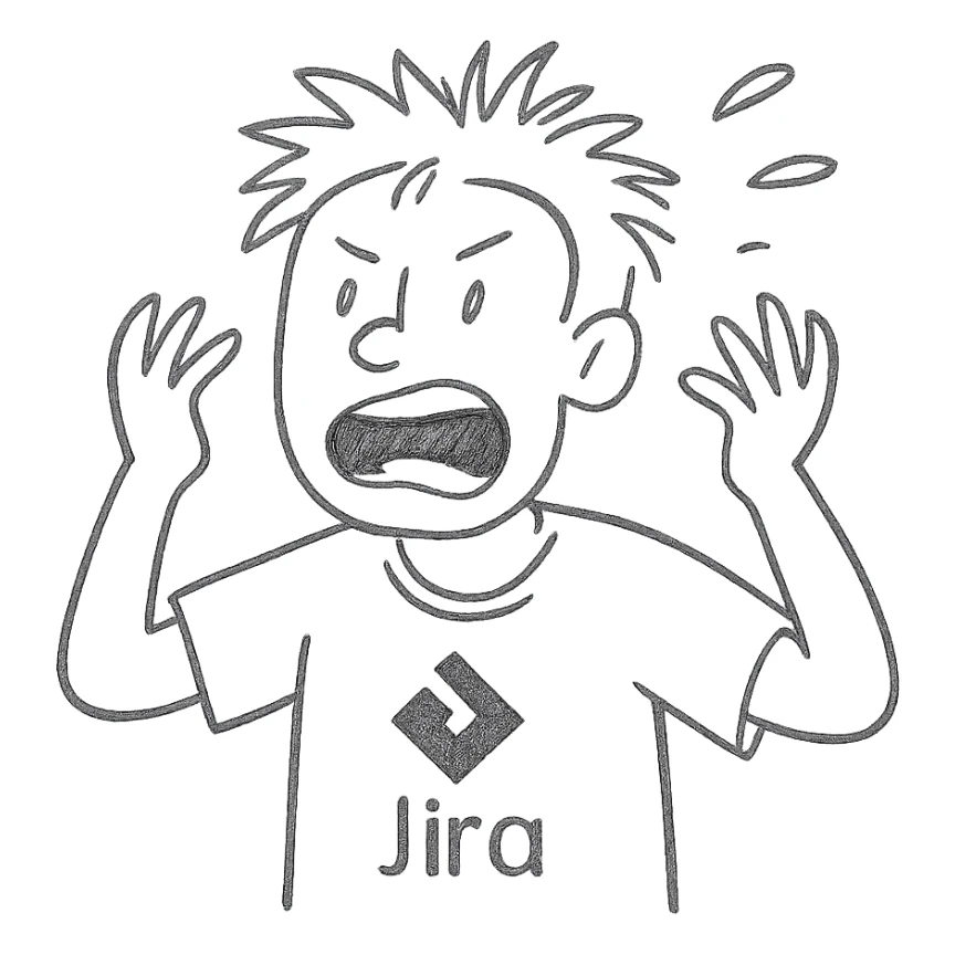 screaming IT guy wearing an Atlassian Jira t-shirt, hand drawn outlined icon sticker