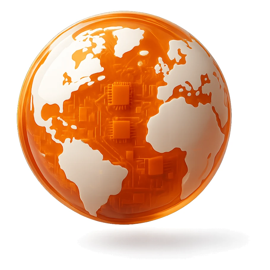 3D orange globe icon with white continents, modern style, glossy finish sticker