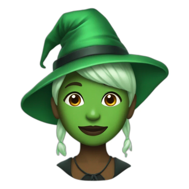 Cynthia Erivo with green skin and a witch hat sticker