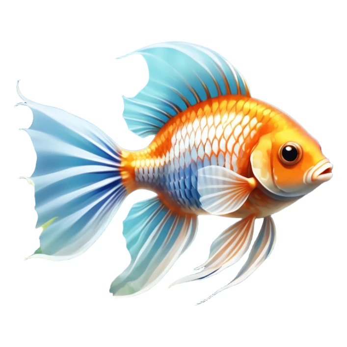 Large aquarium fish like veil tails and lionhead goldfish swimming gracefully in a beautifully decorated aquarium. Colorful aquatic plants, smooth rocks, and gentle bubbles surround the fish. The water shimmers in sunlight, creating a peaceful and vibrant underwater scene. Transparent background. sticker