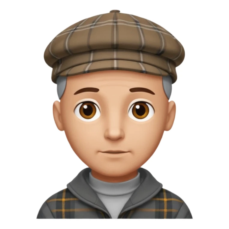 a bald man wearing a grey and brown tratan flap cap looking really hopeful sticker