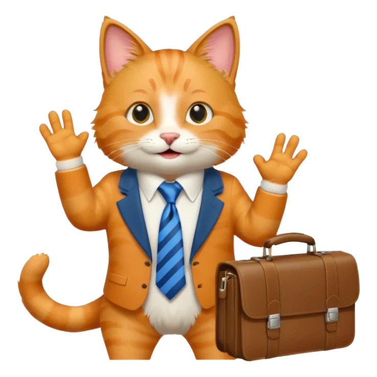 happy cat with a blue tie and briefcase, waving sticker