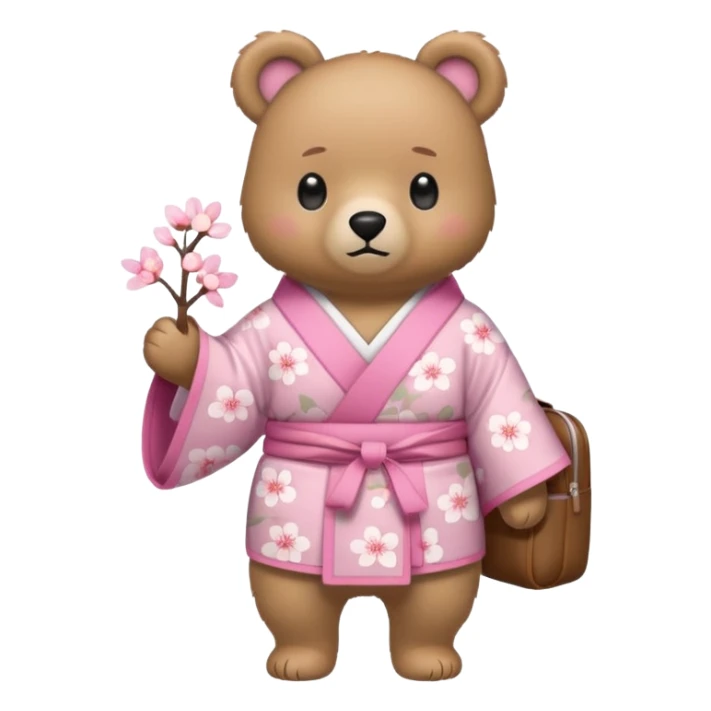 A cute light-brown bear wearing a pastel pink sakura-patterned kimono, normal balanced body ratio.  
Wearing a small backpack on the back, one paw holding the strap, ready to go outside.  
Kawaii emoji style, minimalistic clean sticker illustration, white background. sticker