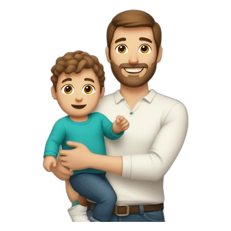 Essex man with brown hair holding a toddler sticker