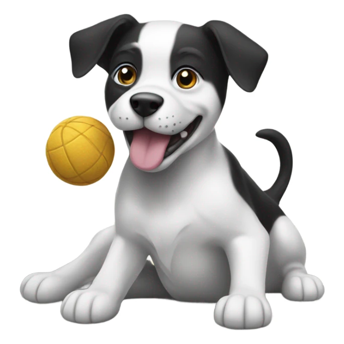 black and white dog playing with a toy sticker