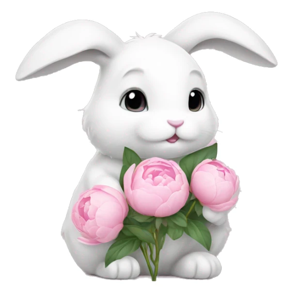 cute white bunny holding light pink peonies sticker