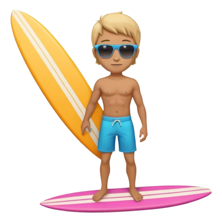 cute male surfer riding a wave, wearing shorts, sunglasses, holding balance, colorful surfboard, 3D cartoon, mobile game icon, clean background, no text sticker