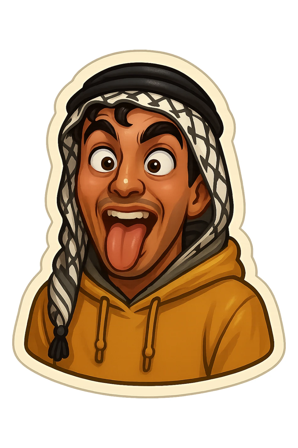 Ara, a young Arab man with medium brown skin, black hair, in casual Middle Eastern streetwear with keffiyeh scarf or hoodie, making a crazy face with tongue out, wild exaggerated facial expression, cartoonish, vibrant, bold, very expressive, emoji-style sticker sticker