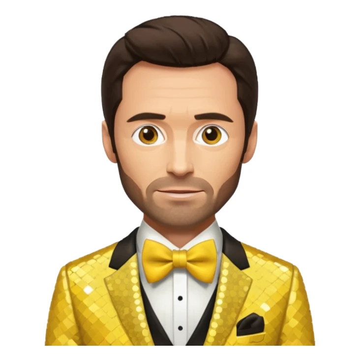 Hugh Jackman with dark brown hair, yellow sequin suit with bow tie sticker