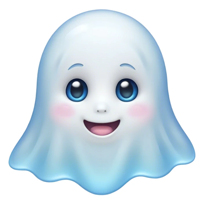 Cinematic Cute Ghost Portrait Emoji, with a playful, rounded translucent form in soft pastel whites and blues, featuring large, sparkling eyes and a gentle, mischievous smile, simplified yet irresistibly endearing, highly detailed with a soft glowing outline that captures the charm of a friendly spirit ready to float into your heart! sticker